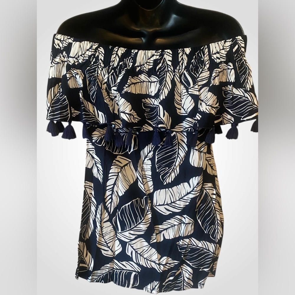 Women’s tropical print top by La Mer Luxe cold shoulder tassel blouse NWT size S - Picture 3 of 10